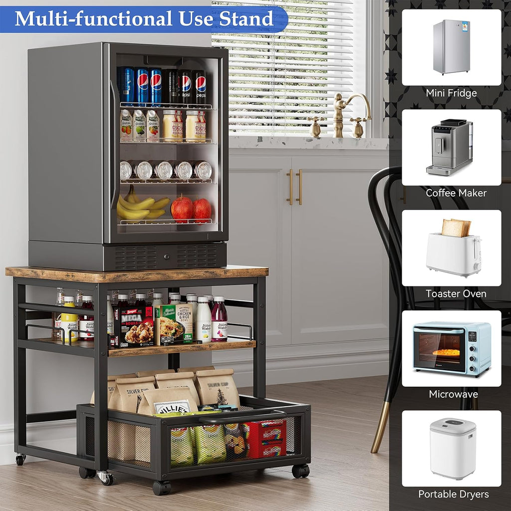 DDJ Mini Fridge Stand with Storage, 21 x 21 in Heavy Duty Mini Fridge Table with Pull-out Shelf and Lockable Wheels, Compact Refrigerator Stand with Drawer Basket for Home Office, Rustic Brown