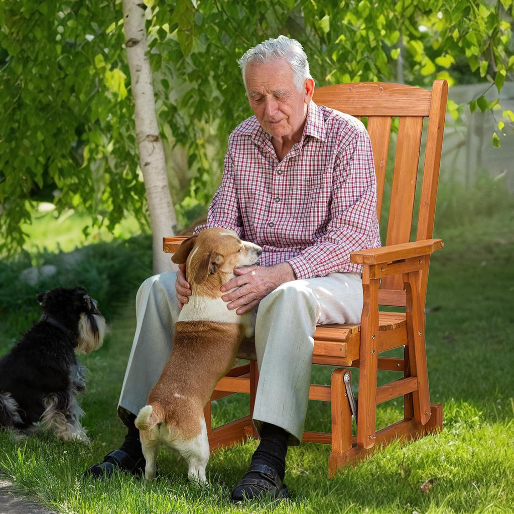 Bonnlo Outdoor Glider Chair Wood Patio Glider with Cup Holder, Porch Glider with Smooth Rocking Mechanism, Heavy Duty 600 LBS