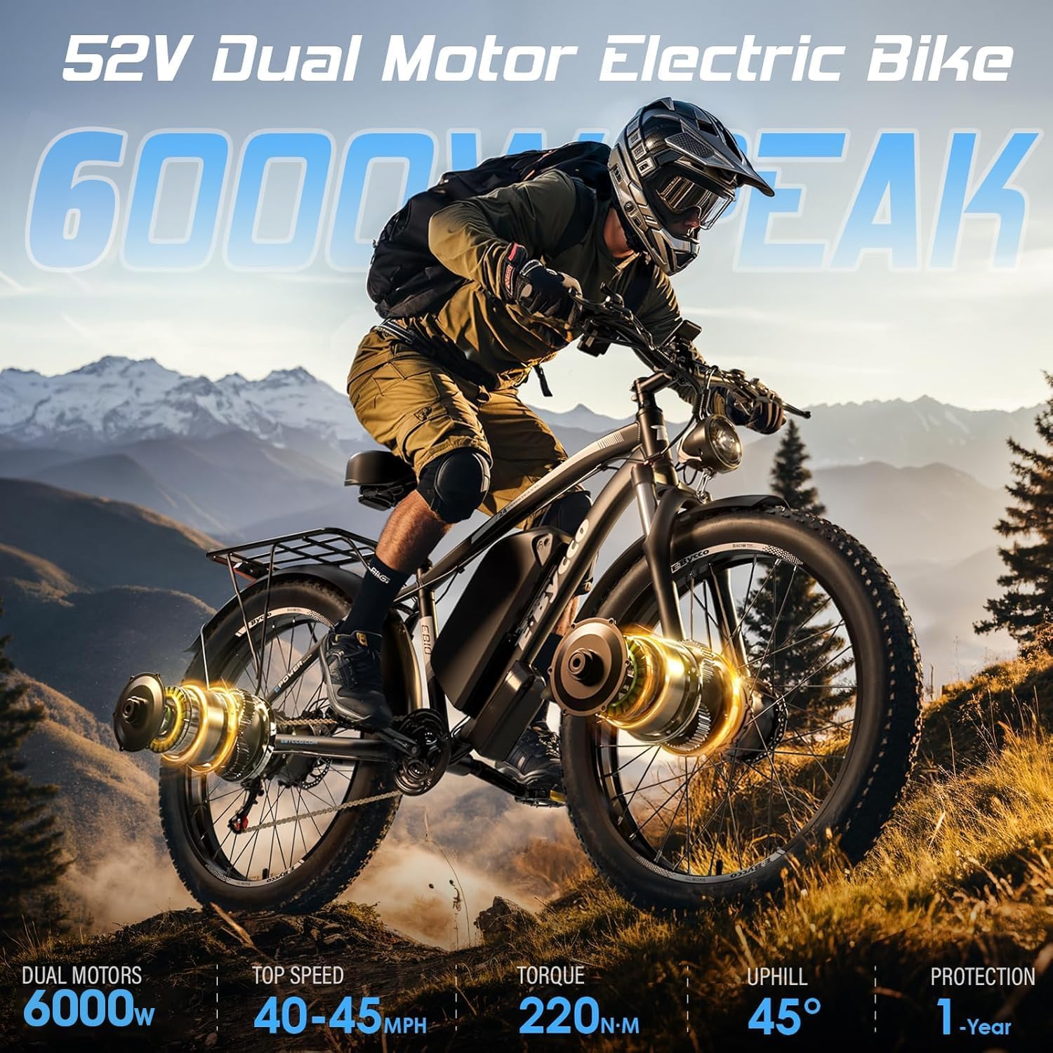 6000W Peak Dual Motor Electric Bike for Adults, 24' Fat Tire Ebikes 52V 32AH, Fast 45 MPH, 100 Miles Long Range, Hydraulic Brake, Pedal Assist Electric Bicycle for Off-Road Mountain Snow Commuter