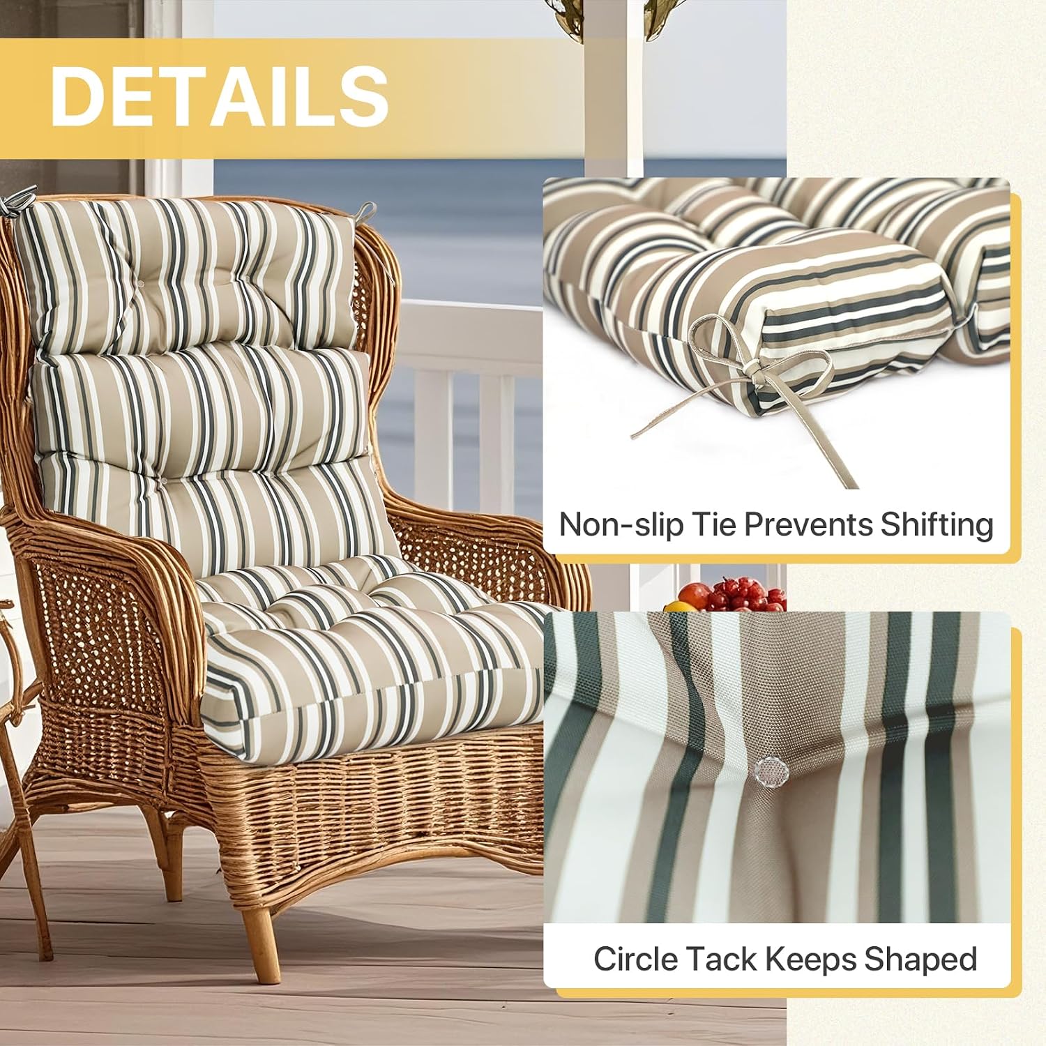 COOS BAY Outdoor Chair Cushions High Back 46x22 Inch, Tufted Patio Seat Cushions with Ties, Water-Resistant Replacement Pads, 2 Pack, Beige Stripes