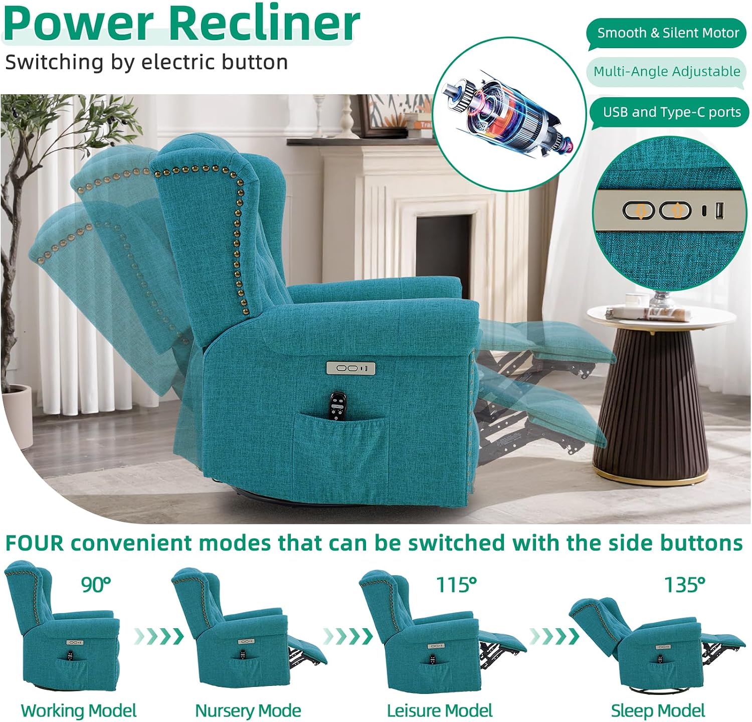 VIVIJASON Power Swivel Rocking Recliner Chair with Massage & Heat, Electric Rocker Glider Chair for Nursery, Wingback Tufted Upholstered Recliner W/Type-C & USB Ports for Living Room, Bedroom, Teal