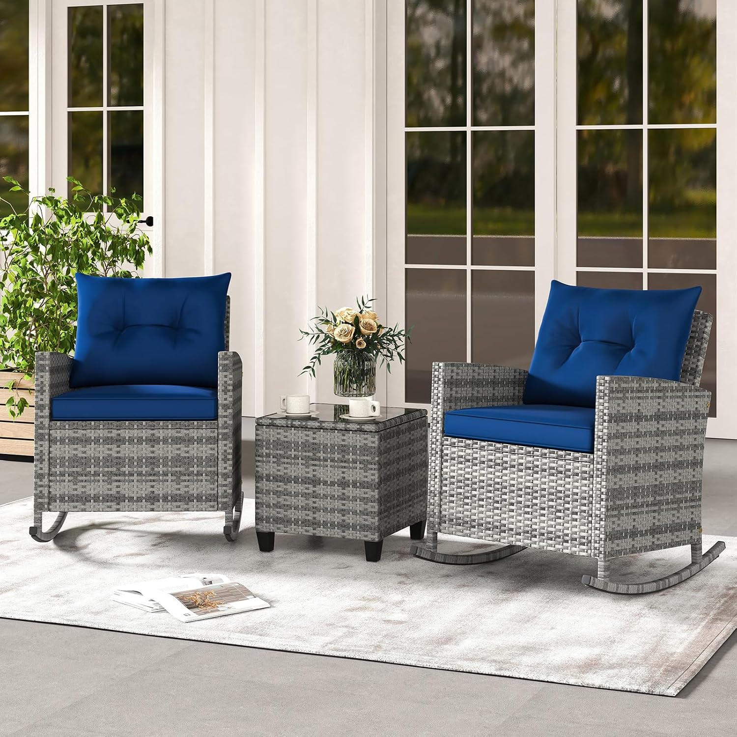 KOTEK 3 Piece Patio Furniture Rocking Bistro Set, Wicker Outdoor Rocking Chairs & Glass Table, PE Rattan Conversation Set for Porch, Balcony, Deck, Poolside (Mix Grey- Navy)