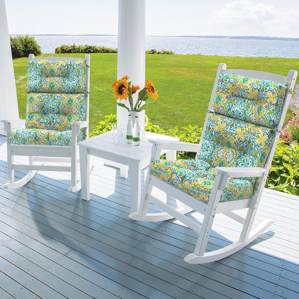 DYTXIII Outdoor High Back Chair Cushions Set of 2, Water Repellent Tufted Rocking Seat Cushions Replacement 44 x 22 Inch, Seat & Back Chair Pads for Patio, Balcony and Indoor Use -Damask Green