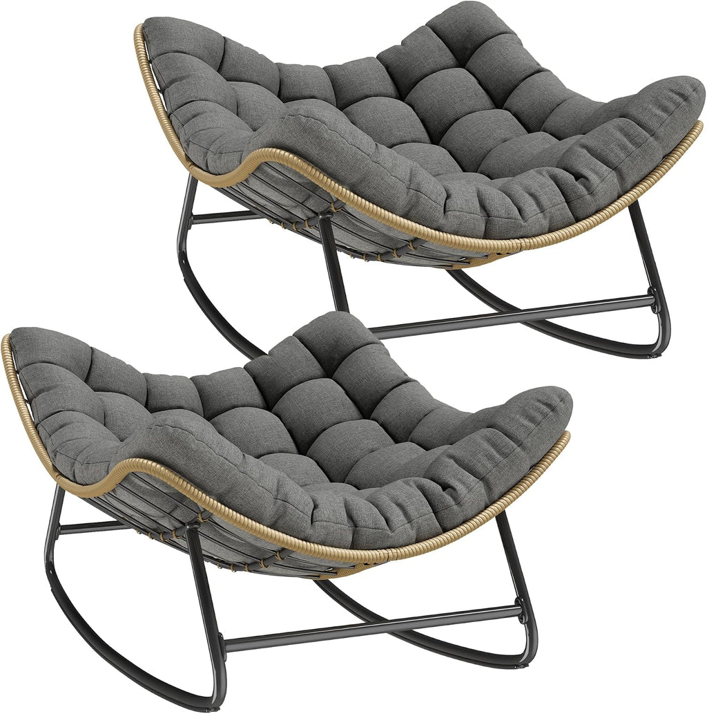 UDPATIO Outdoor Papasan Rocking Chair Set 2, Wicker Papasan Lounge Chair with Thickened Water-Resistant Cushion & Anti-Slip Bar, for Porch, Balcony, Patio or Indoor, Dark Grey