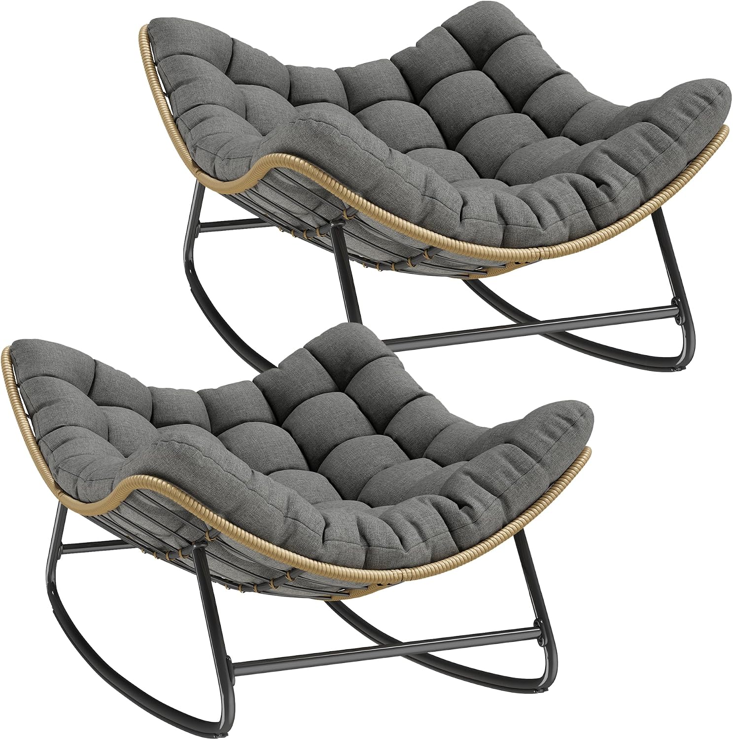 UDPATIO Outdoor Papasan Rocking Chair Set 2, Wicker Papasan Lounge Chair with Thickened Water-Resistant Cushion & Anti-Slip Bar, for Porch, Balcony, Patio or Indoor, Dark Grey