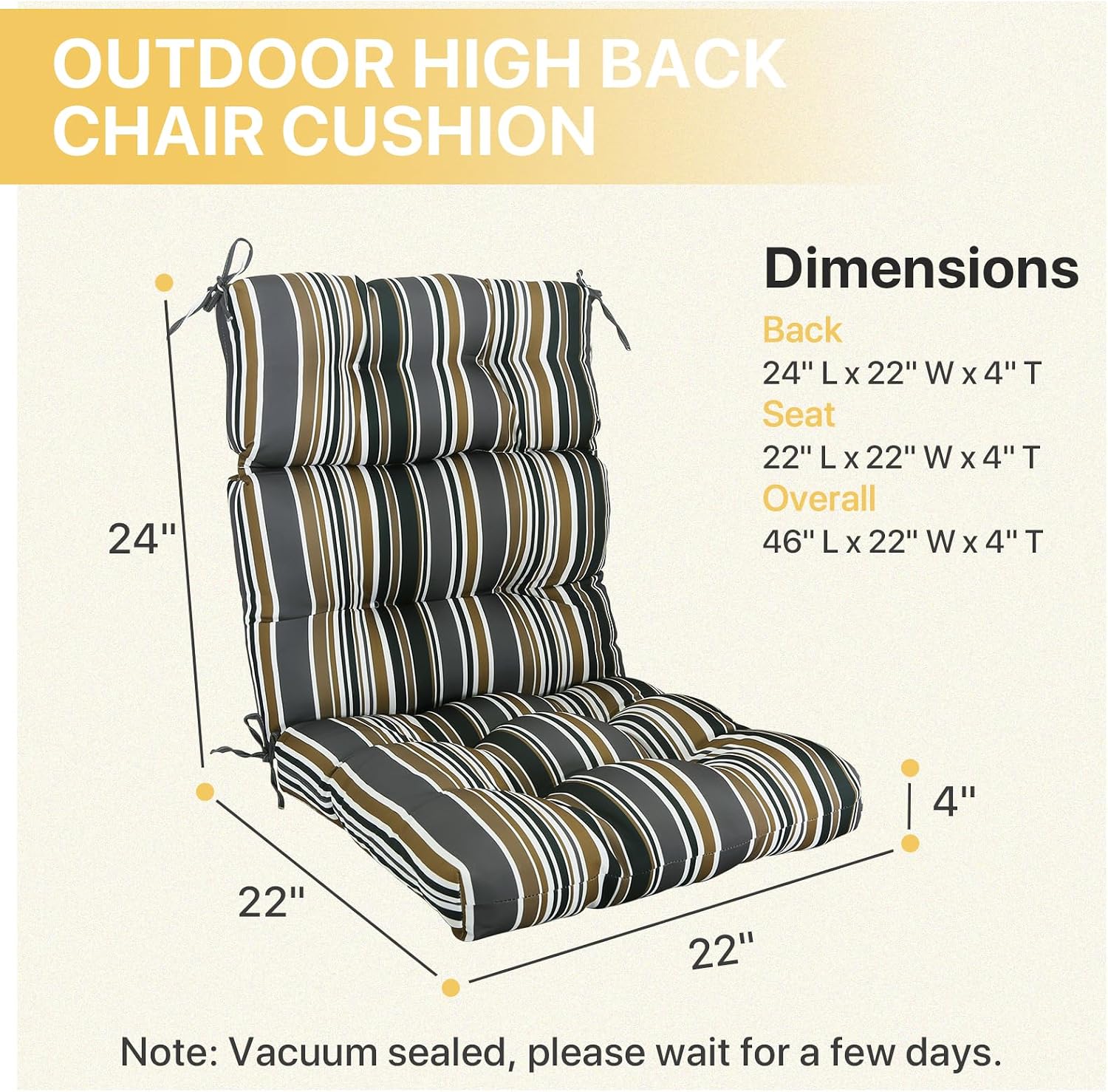 COOS BAY Outdoor Chair Cushions High Back 46x22 Inch, Tufted Patio Seat Cushions with Ties, Water-Resistant Replacement Pads, 2 Pack, Brown Stripes