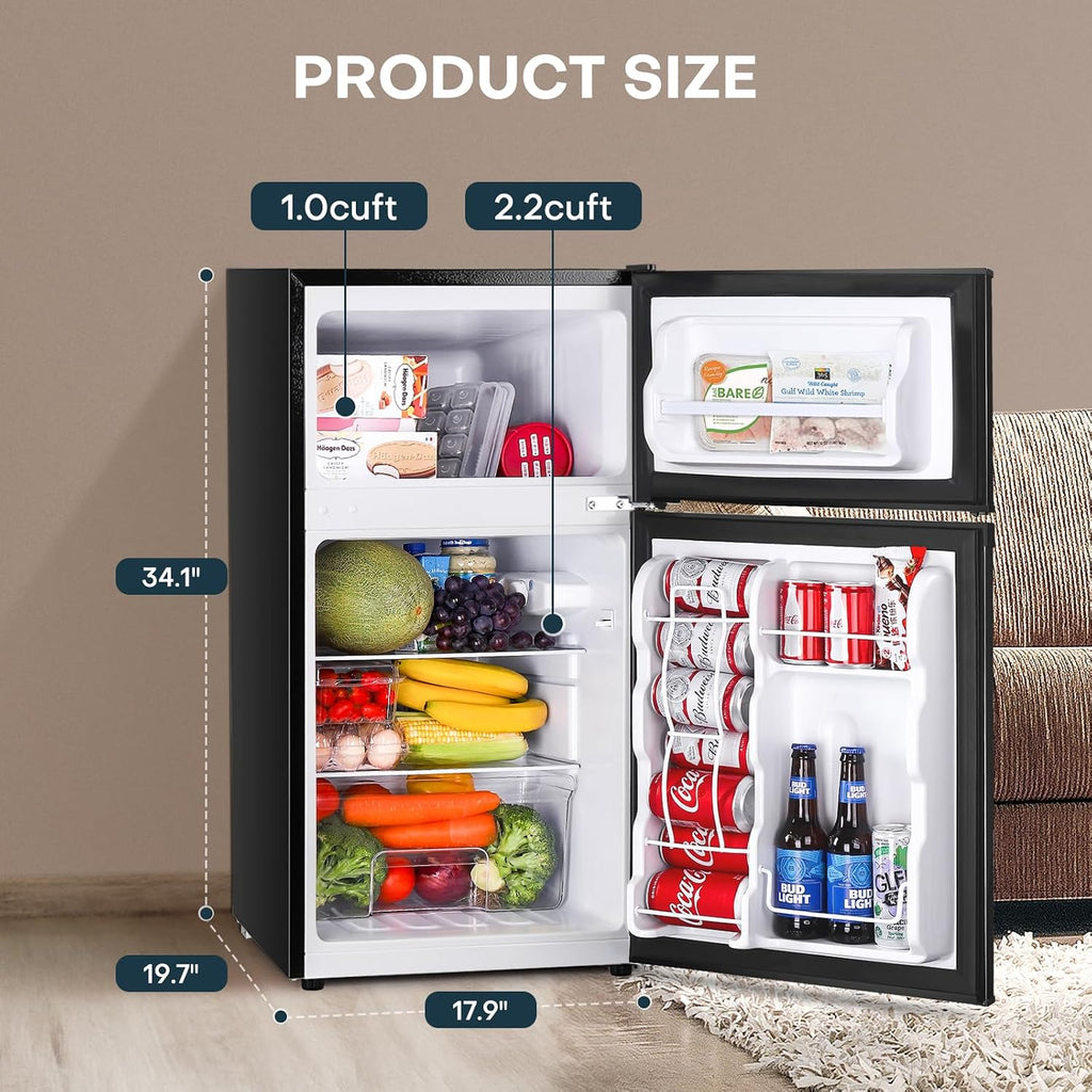 Upstreman 3.2 Cu.Ft Mini Fridge with Freezer, Double Door Mini Fridge, Adjustable Thermostat, Mini Refrigerator for Dorm, Office, Bedroom, Black-BD321