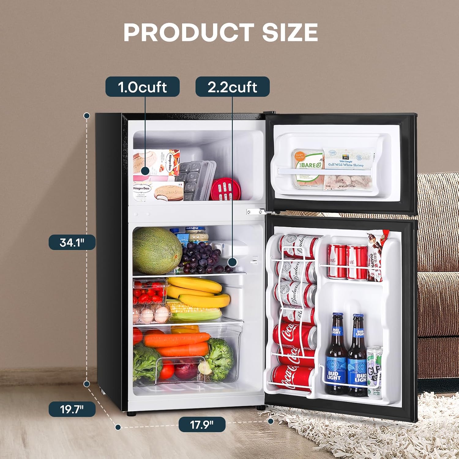 Upstreman 3.2 Cu.Ft Mini Fridge with Freezer, Double Door Mini Fridge, Adjustable Thermostat, Mini Refrigerator for Dorm, Office, Bedroom, Black-BD321