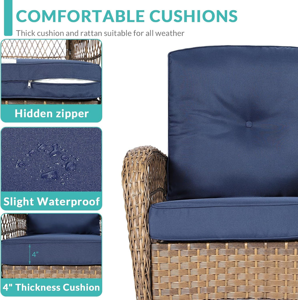 MEETWARM Outdoor Wicker Rocking Chairs Set of 2, Rattan Patio Rocker Chairs with Thick Cushions and High Back, All-Weather Patio Wicker Chair with Safe Rocking Design for Garden, Brown/Navy Blue