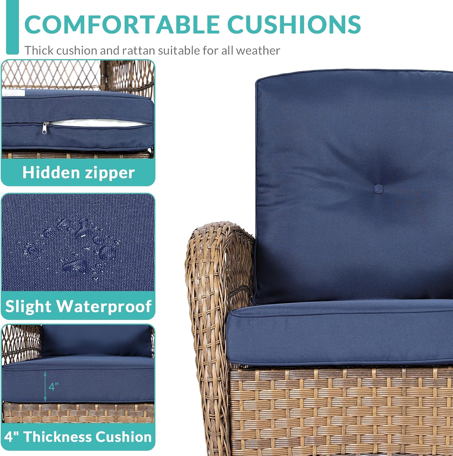 MEETWARM Outdoor Wicker Rocking Chairs Set of 2, Rattan Patio Rocker Chairs with Thick Cushions and High Back, All-Weather Patio Wicker Chair with Safe Rocking Design for Garden, Brown/Navy Blue