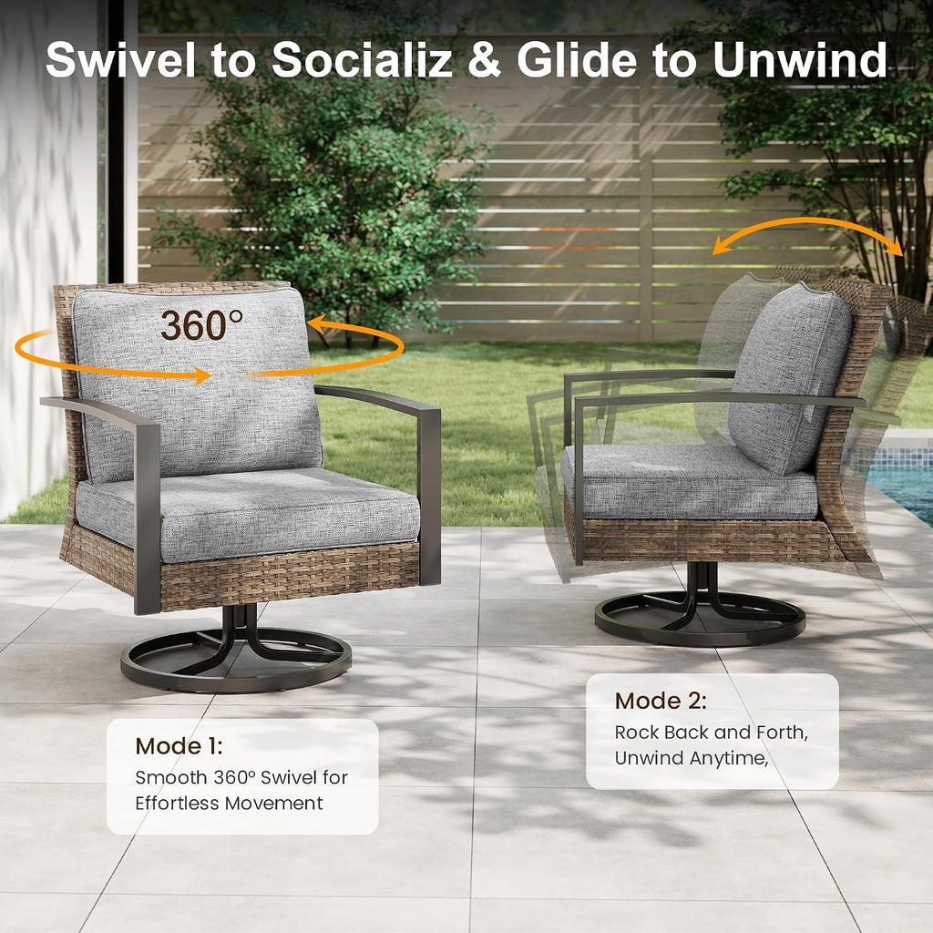 Green4ever Patio Swivel Dining Chairs Set of 2 with 360-Degree Rotating, Metal Outdoor Rocking Chair, All Weather Rattan Patio Chairs for Balcony, Porch, Bistro, Gray