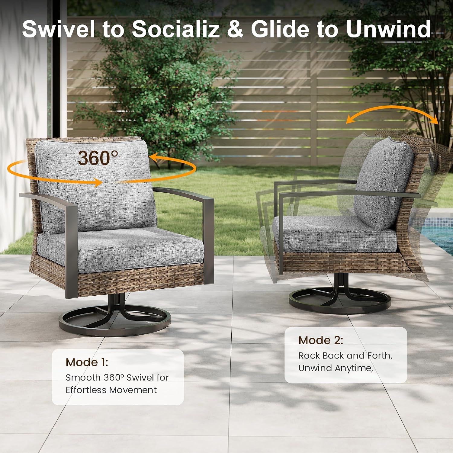 Green4ever Patio Swivel Dining Chairs Set of 2 with 360-Degree Rotating, Metal Outdoor Rocking Chair, All Weather Rattan Patio Chairs for Balcony, Porch, Bistro, Gray