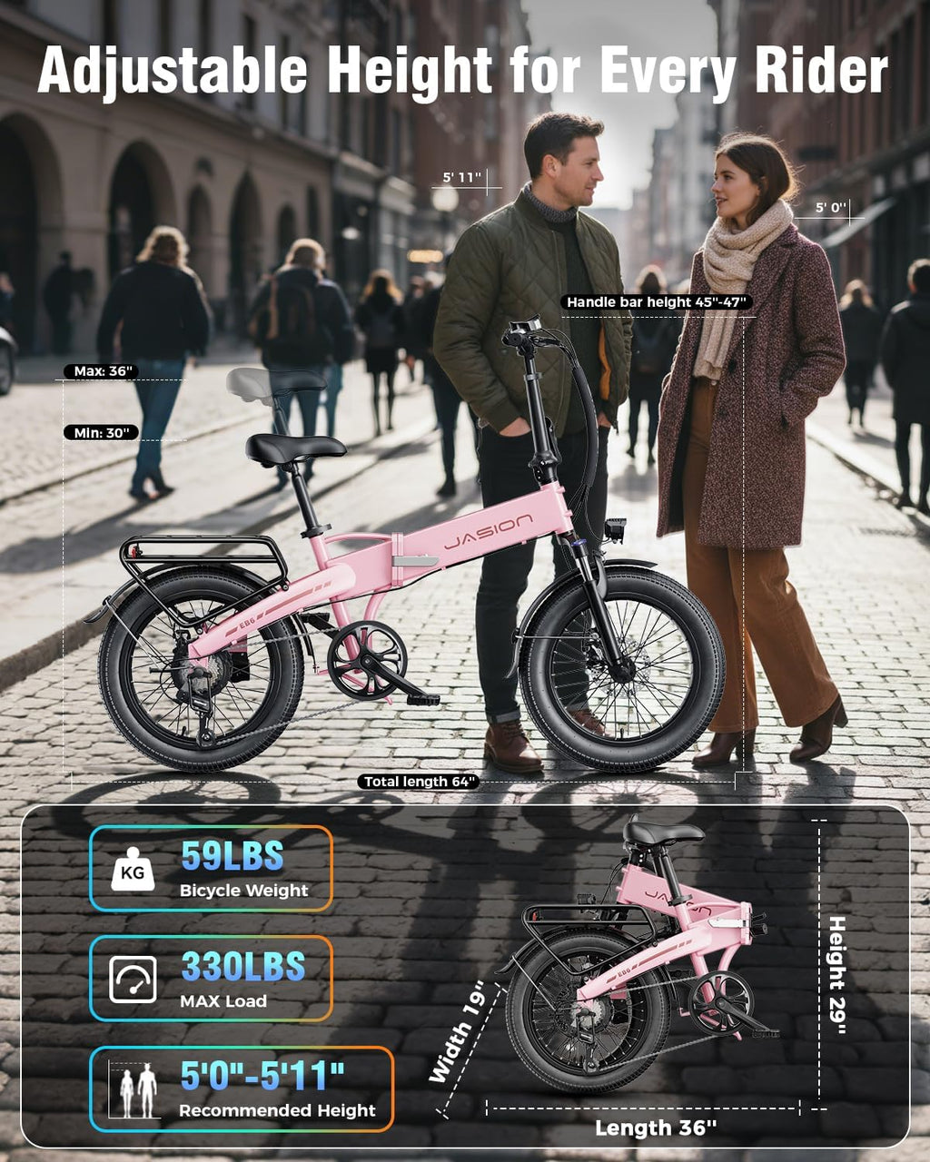 Jasion EBS Folding Electric Bike for Adults, Compact Portable 20' Fat Tire Ebike with 1200W Peak Motor, 48V Removable Battery, 25 MPH 50 Miles Aluminum Frame E-Bike Suitable for Trunk, RV, Apartment