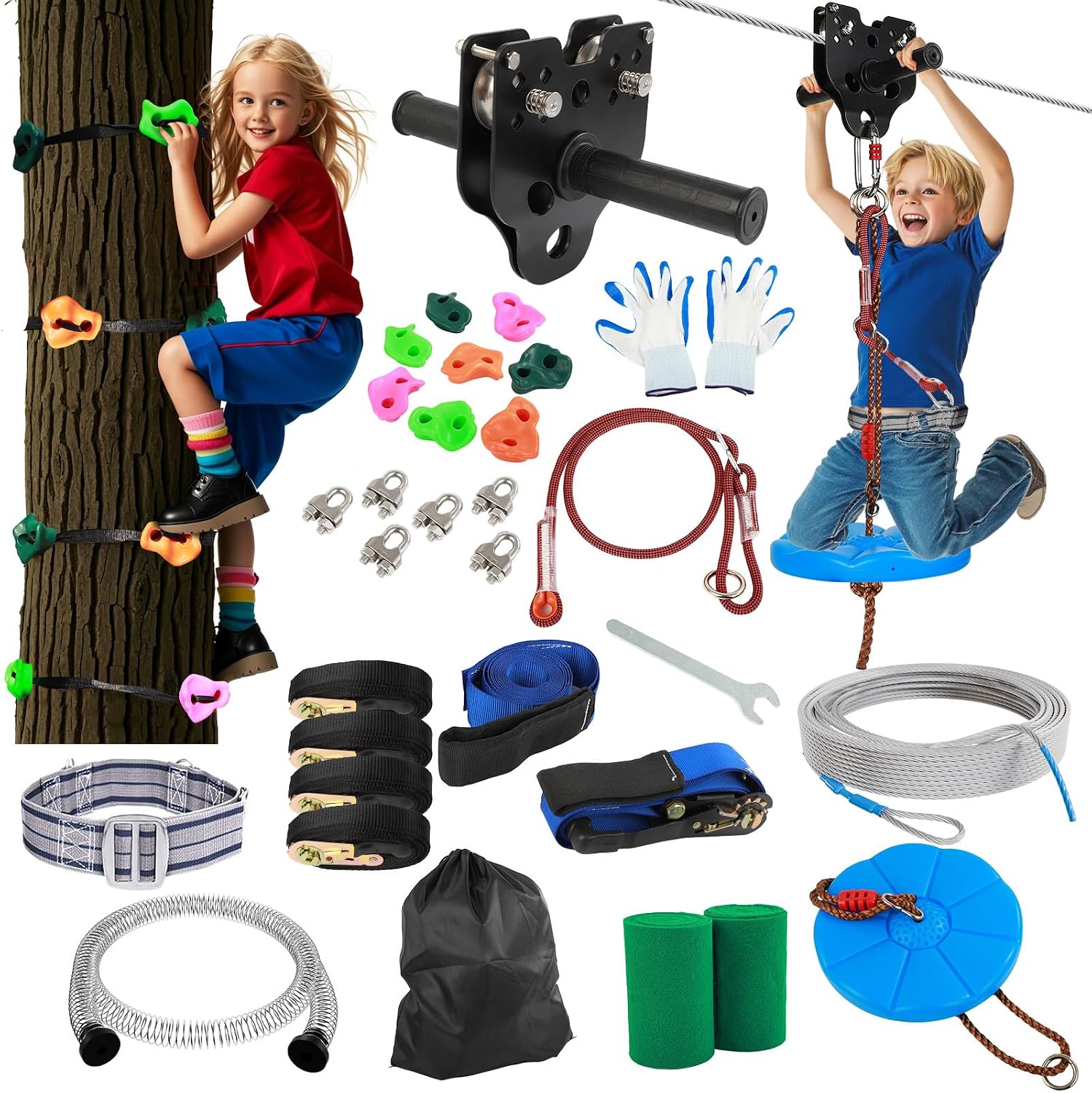 FAHKNS Zip Line Kit for Kids Adults: 180FT Up to 400 lbs - Updated Removable Design Trolley,Thickened Seat,Safety Harness,Quick Tighten Zipline Kits for Outdoor Backyard