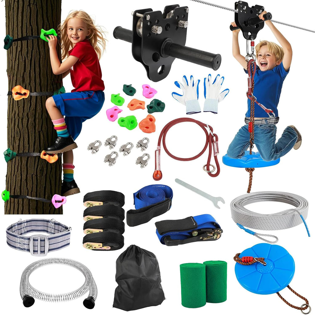 FAHKNS Zip Line Kit for Kids Adults: 200FT Up to 400 lbs - Updated Removable Design Trolley,Thickened Seat,Safety Harness,Quick Tighten Zipline Kits for Outdoor Backyard