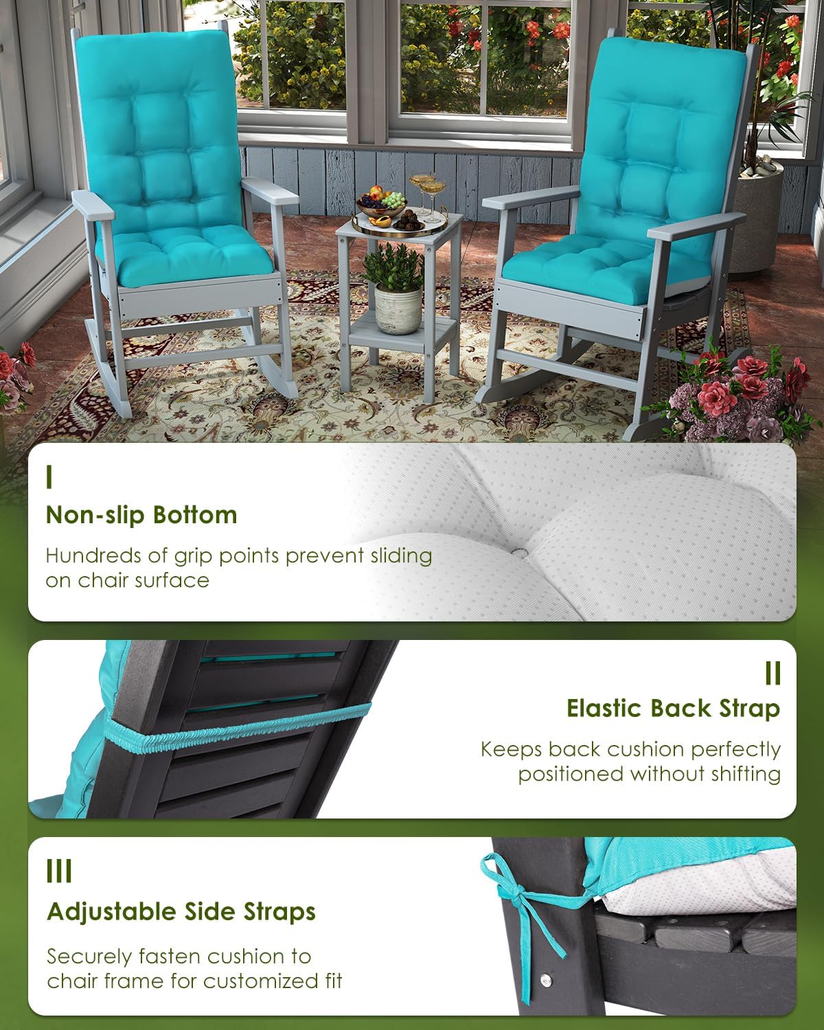 GREENVINES Rocking Chair Cushions Set of 4 | Polyester | Waterproof | Outdoor High Back Rocker Chairs Cushion | Seat with Ties | Non-Slip | Thickened Pad for Patio | 46.5' x 18.5' x 4.3' | Arctic