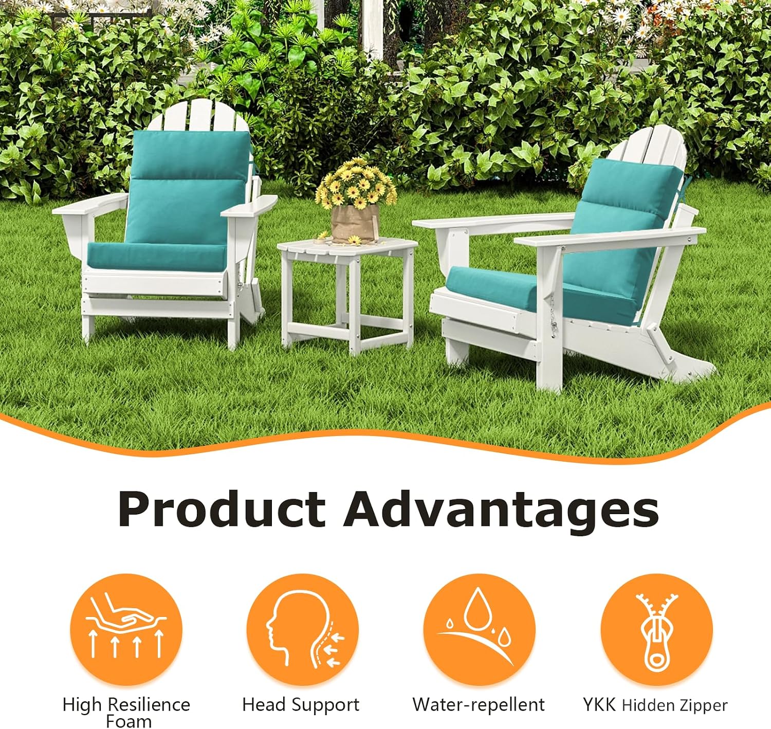 Unimatta Outdoor High Back Chair Cushion Seat Pads, 44 x 21 Inch Water-Repellent & Fade-Resistant Patio Furniture Cushions with Ties for Adirondack, Rocking Chairs, Turquoise