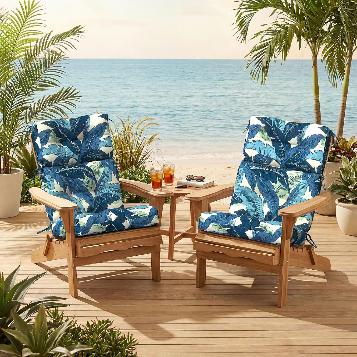 Outdoor High Back Patio Chair Cushions, Tufted Rocking Chair Cushions, Adirondack Cushions for Garden Porch Home Office Chair Use, 44' x 22' x 4', 2 Pack, Swaying Palms Blue