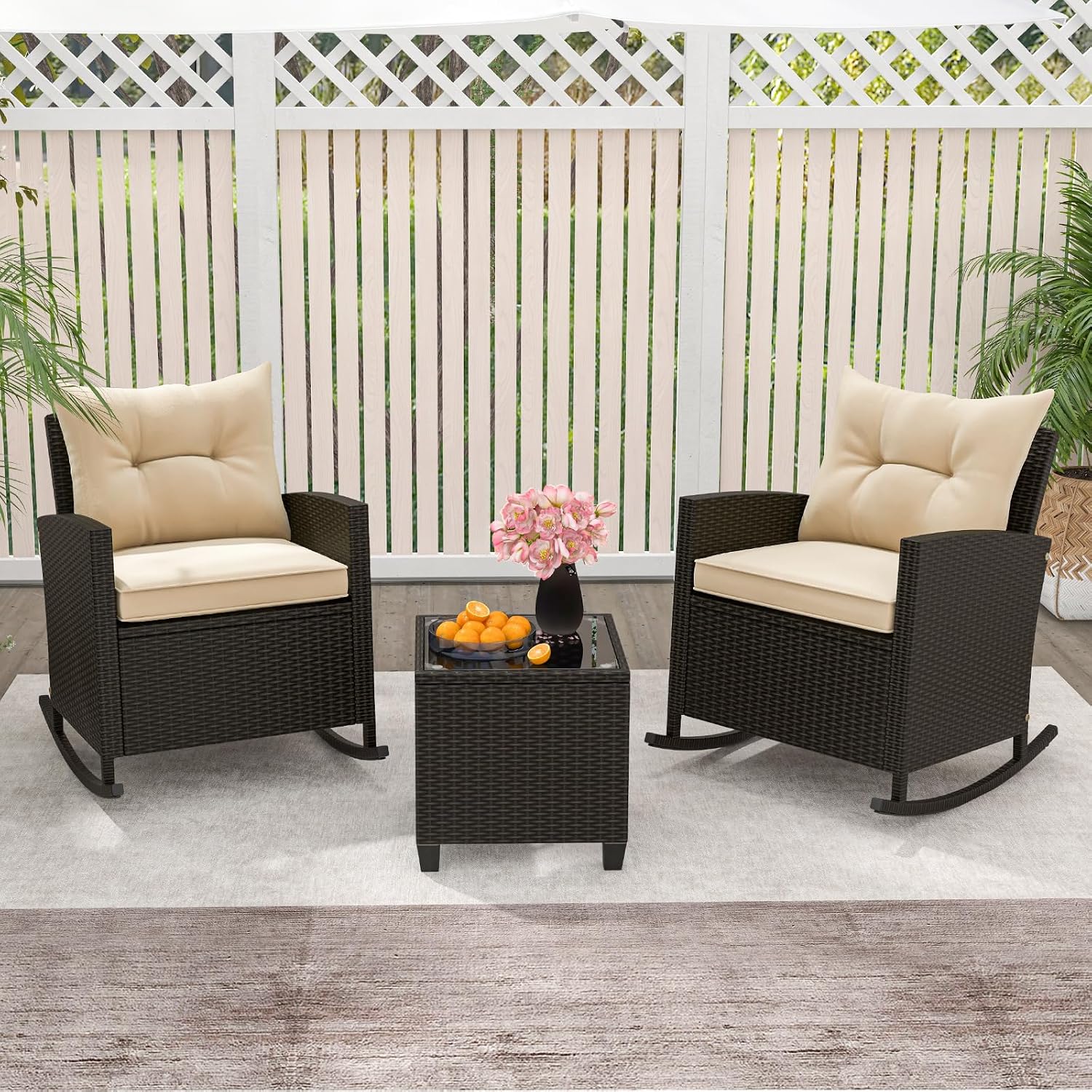 ORALNER 3 Pieces Patio Furniture Set, Outdoor Wicker Rocking Chairs with Soft Cushions, Glass Coffee Table, Rattan Conversation Bistro Set for Front Porch Balcony Garden Deck Poolside (Beige)