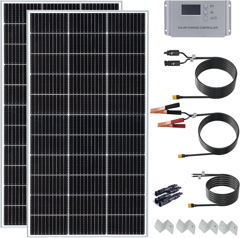 200 Watt 12Volt/24Volt Solar Panel Starter Kit 2PCS 105W Monocrystalline Module 20A Charge Controller for RV, Boats, Trailer, Camper,Cabin Off-Grid System(200W Solar kit)