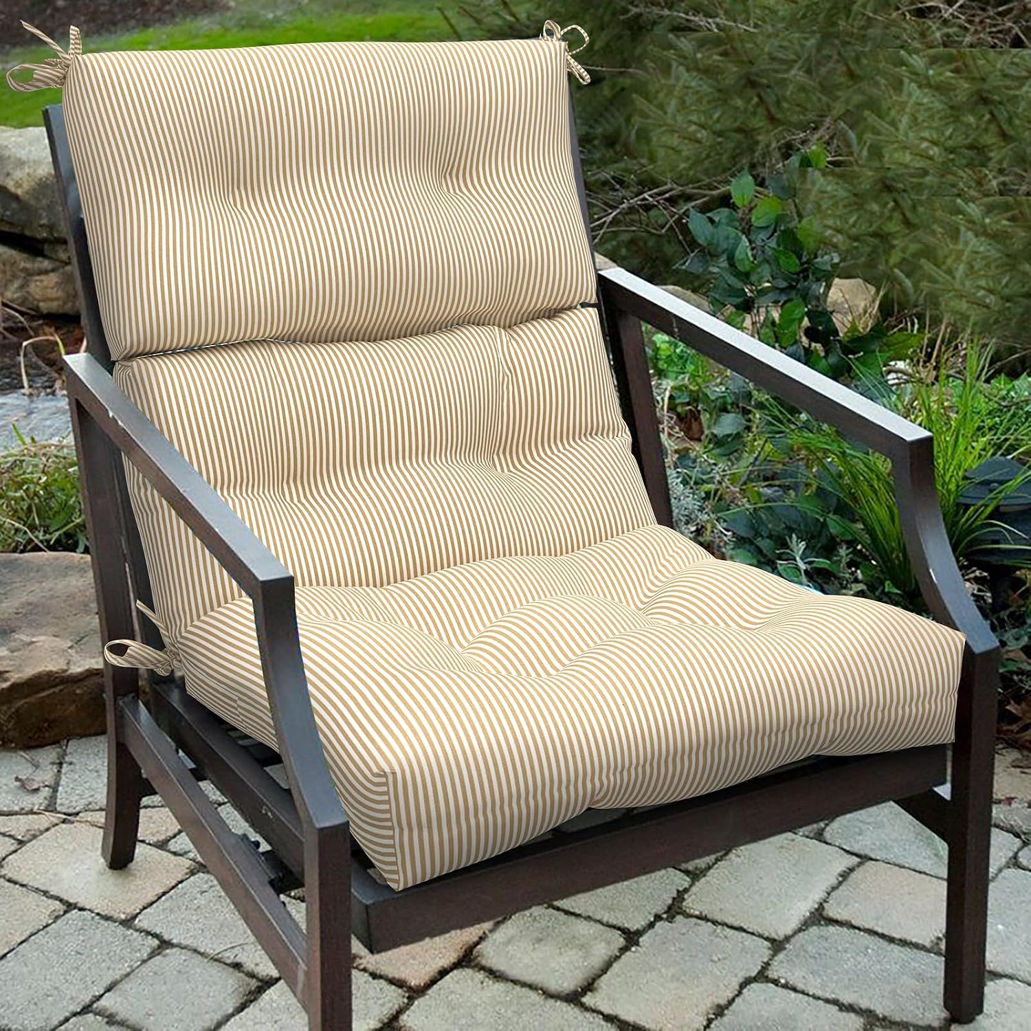 Outdoor High Back Patio Chair Cushions, Tufted Rocking Chair Cushions, Adirondack Cushions for Garden Porch Home Office Chairs Use, 44' x 22' x 4', 2 Pack, Stripe Beige