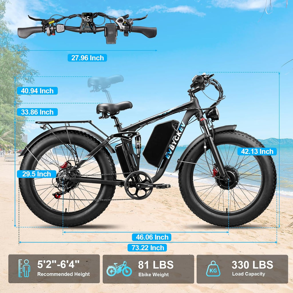 9000W Peak Electric Bike,58V Max-Output Dual Motor Ebike for Adults, 47MPH 1856Wh Fast E Bike,Up to 105Miles 24' x4.0 Fat Tire Full Suspension Mountain E Bicycle for Sand Beach Commuter