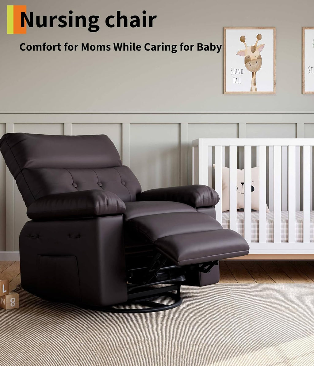 GarveeHome Oversized Leather Recliner Chair - Heat and Massage, Swivel Rocker Manual Recliner for Adults, Lazy Rocking Chair with Comfort Arms and Back Single Sofa for Living Room