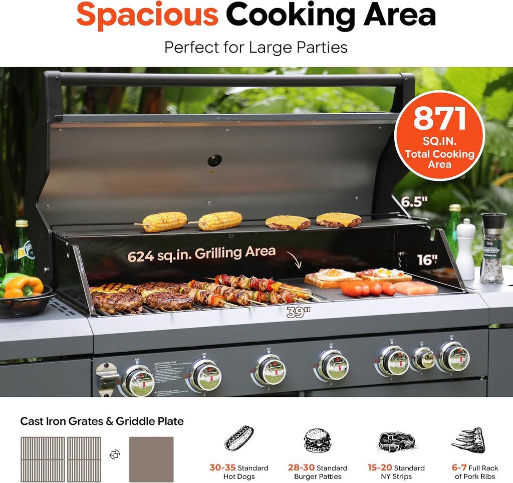 Brand-Man 6-Burner Gas Outdoor Kitchen Grill Island with Side Burner - 72,000 BTU Stainless Steel BBQ Grill Station with Storage Cabinets, Fold-out Prep Table, LPG/NG Convertible, Gray