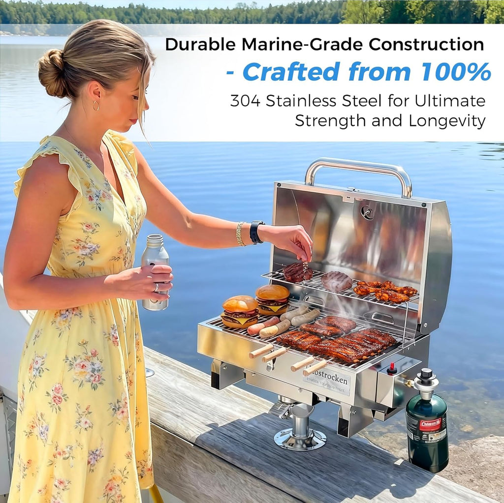 Halbtrocken 304 Stainless Steel Marine Gas Grill with Rod Holder Mount & Cover - 200 sq. in. Cooking Area, 12,000 BTU Propane Boat Grill - Perfect Compact Grill for Boating, Tailgating and Camping