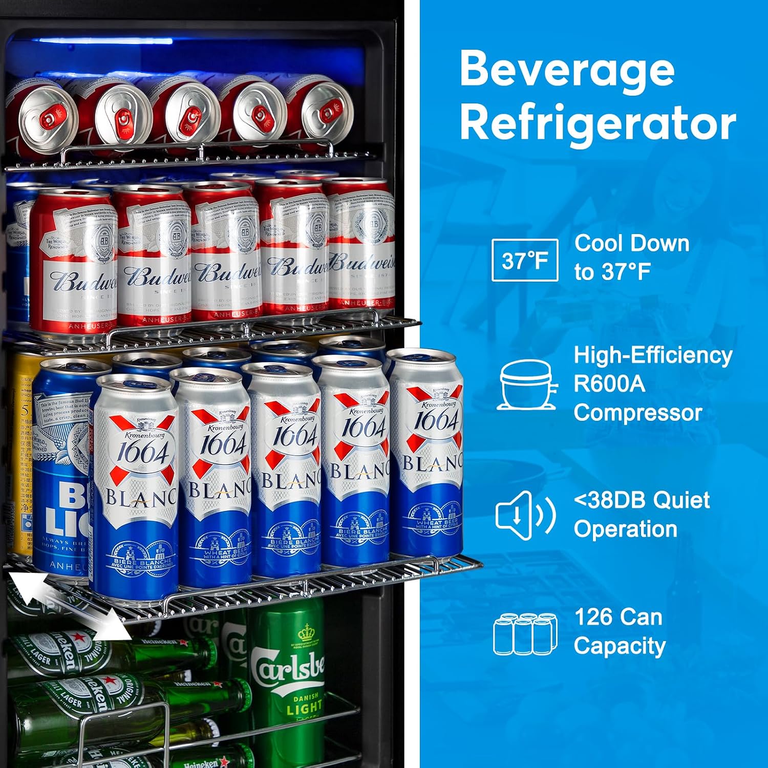 FoMup Beverage Refrigerator 17 inch Wide - 126 Can Beverage Cooler with Glass Door | Counter-Top/Freestanding Mini Beverage Beer Fridge | Temperature Memory | Invisible Door | Perfect for Soda,Beer