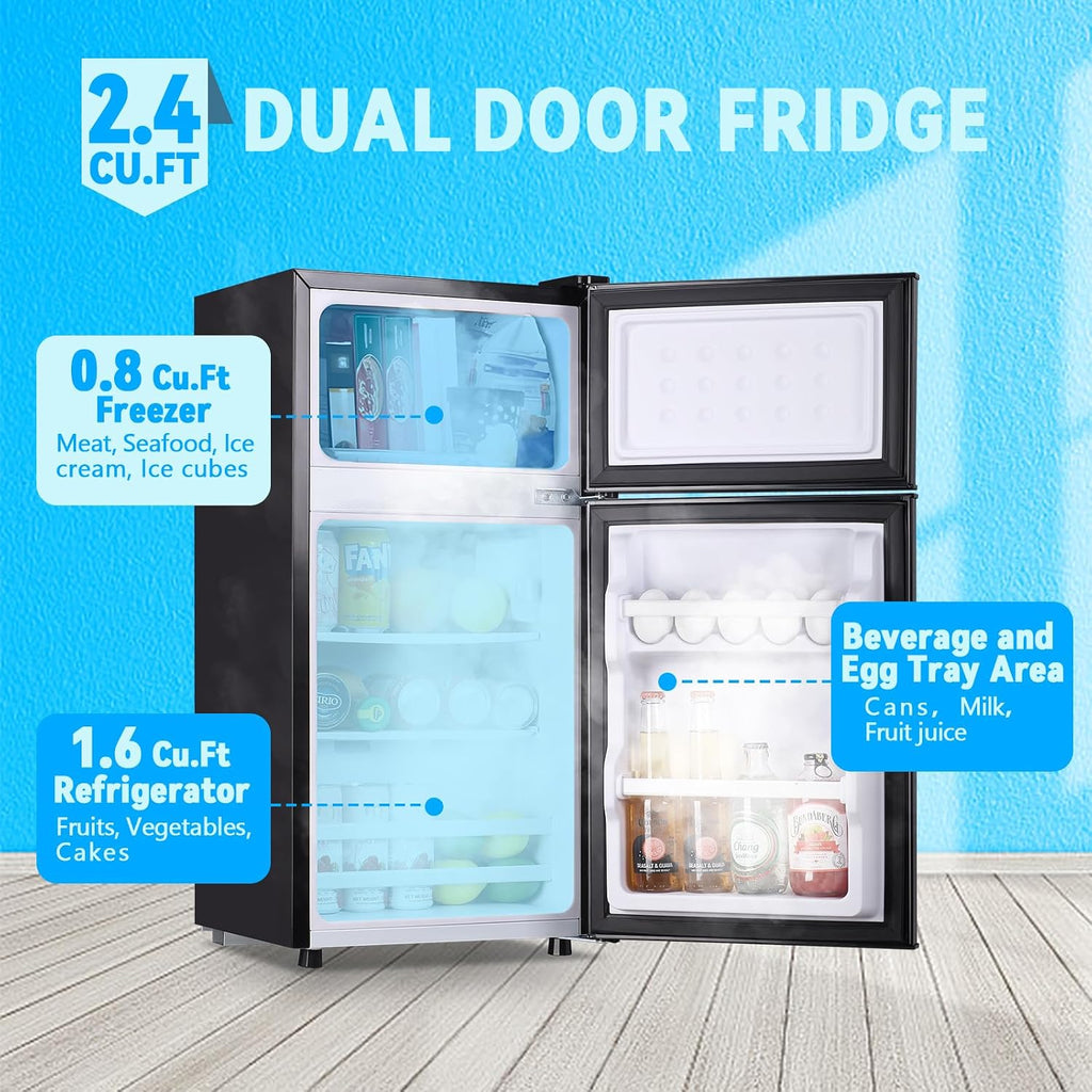 Mini Fridge with Freezer 2.4 Cu.ft Mini Refrigerator Freezer Double Doors 7 Modes Temp Suit for Apartment Bedroom Office Black