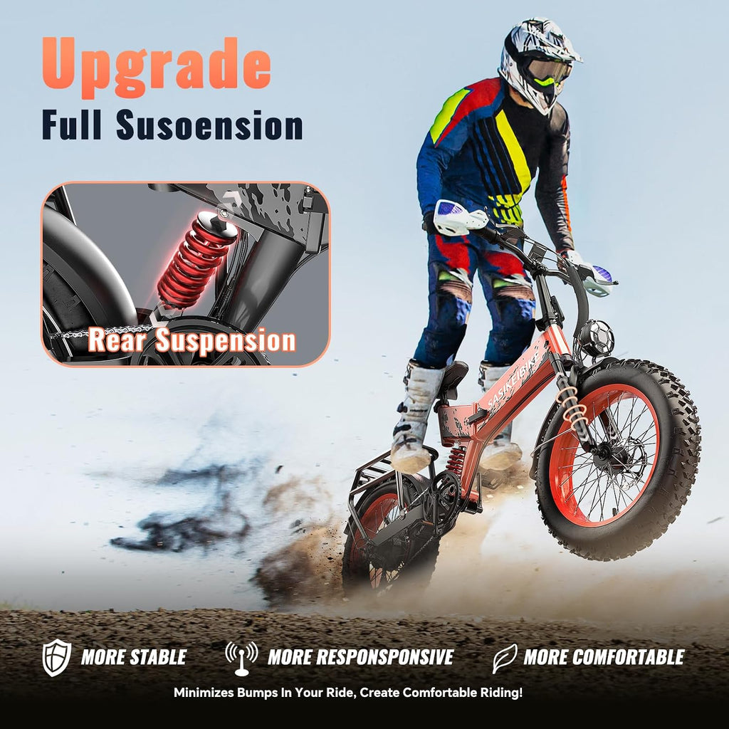 Folding 52V 20Ah Removabke Battery Electric Bike 1500W Peak Motor 20'' Fat Tire Mountain Commuter Ebike Motorcycle Range 70 Miles UL Certified Adult Electric Dirt Bike with 7-Speed
