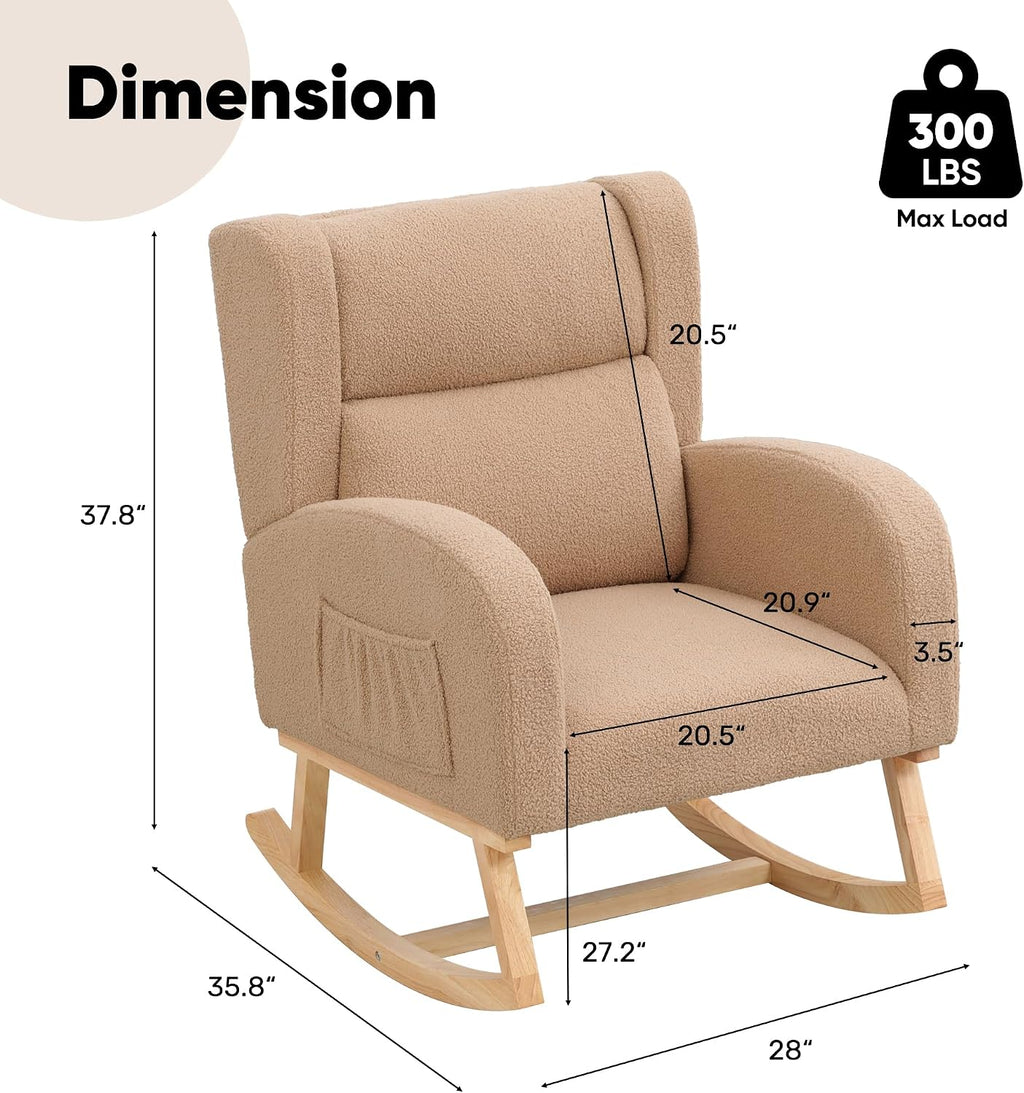 Rocking Chair Nursery,Teddy Nursery Rocking Chairs, Wingback Rocker for Nursery for Living Room Bedroom(Teddy Khaki)