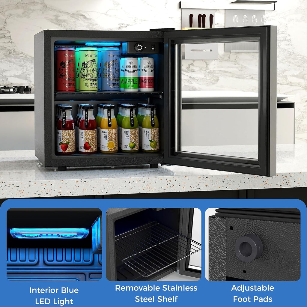 COSTWAY Beverage Refrigerator Cooler, 1.3 Cu. Ft. 12 Bottles 55 Cans Mini Fridge with Tempered Glass Door, Removable Shelf & Adjustable Temperatures, Compact Drink Cooler for Wine, Beer & Soda
