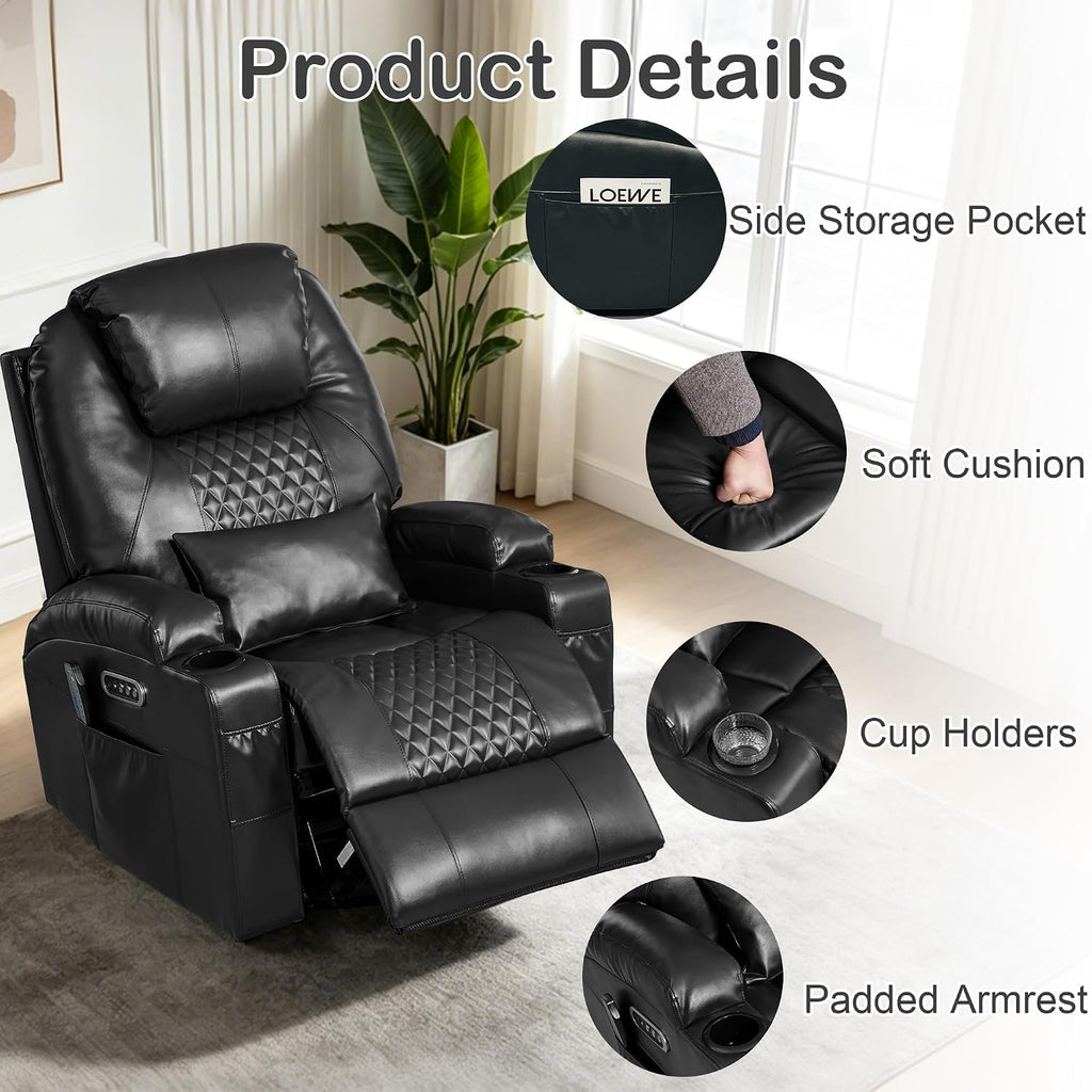 Power Swivel Rocker Recliner with Dual Motor, 240° Electric Glider Recliner with Heat & Massage, Rocking Chair Theater Seating with LED/Lumbar Pillow/USB Port/Cup Holders（Faux Leather Black, 1）