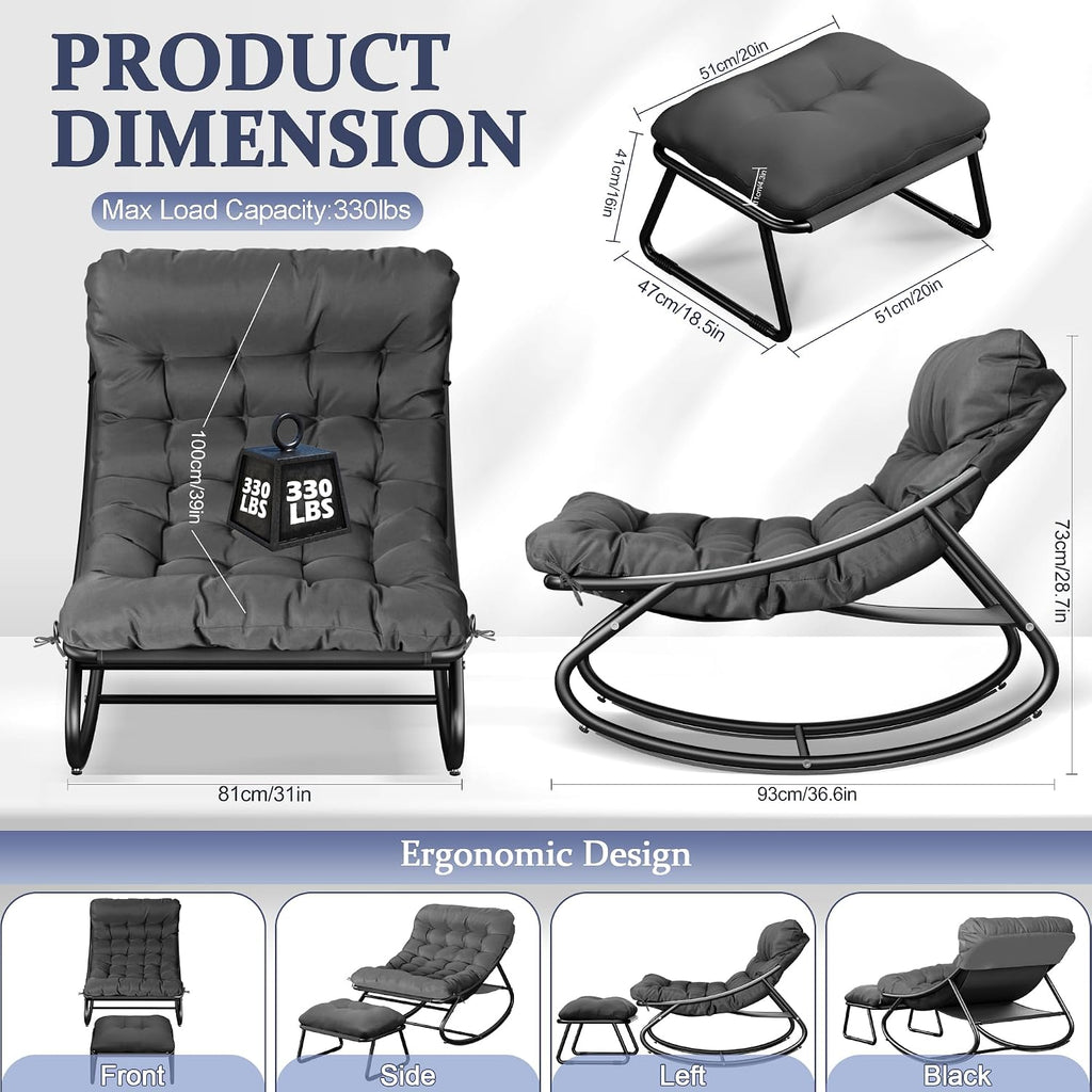 Oversized Patio Rocking Chair with Ottoman, Comfy Lounge Rocker Chair, Outdoor and Indoor Rocking Chairs with Deep Cushion, Metal Egg Chair for Living Room Porch Garden Balcony (Grey)