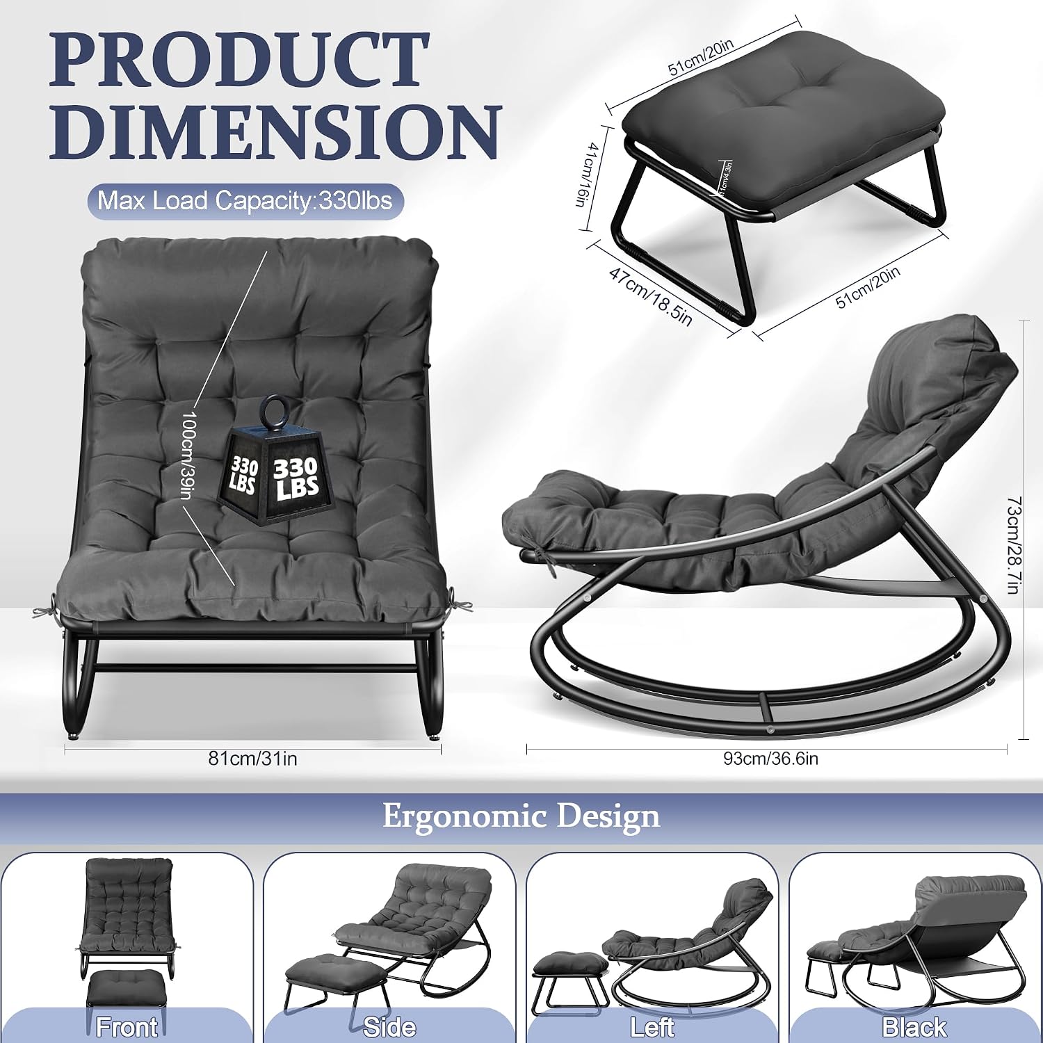 Oversized Patio Rocking Chair with Ottoman, Comfy Lounge Rocker Chair, Outdoor and Indoor Rocking Chairs with Deep Cushion, Metal Egg Chair for Living Room Porch Garden Balcony (Grey)