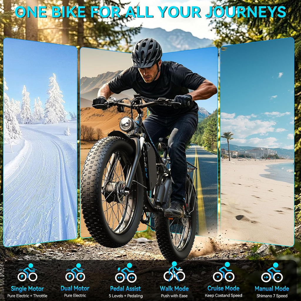 9000W Peak Electric Bike for Adults,58V Max-Output 1972Wh Dual Motor Ebike,47MPH 105Miles Range,24' x4.0 Fat Tire Hydraulic Disc Brake Full Suspension E-Bike for Mountain Snow Commuter