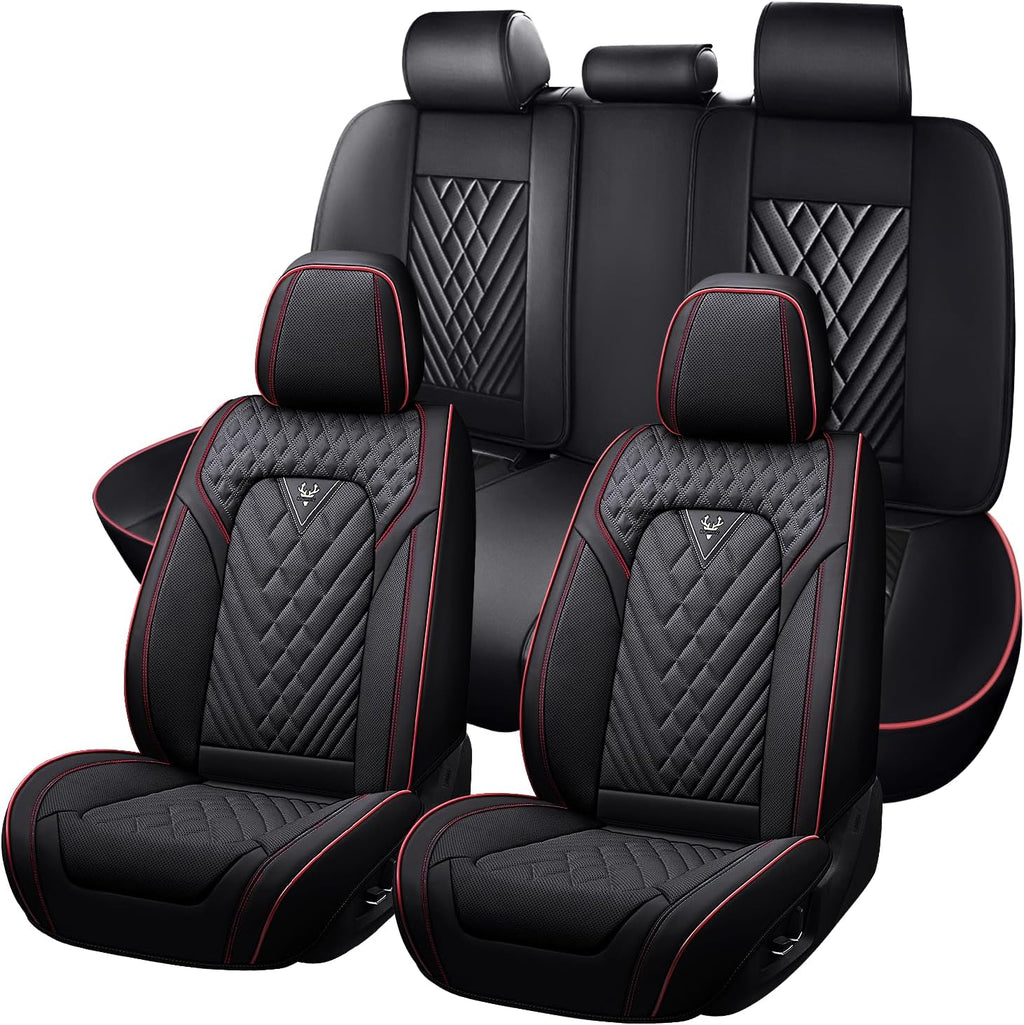 Car Seat Covers for Cadillac CTS 2003-2019, Waterproof Nappa Leather Full Set Seat Cover, Anti-Slip and Comfortable Automotive Seat Protector&Accessories(Black Red)