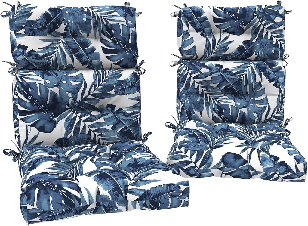 DYTXIII Outdoor High Back Chair Cushions Set of 2, Water Repellent Tufted Rocking Seat Cushions Replacement 44 x 22 Inch, Seat & Back Chair Pads for Patio, Balcony and Indoor Use -Palm Blue