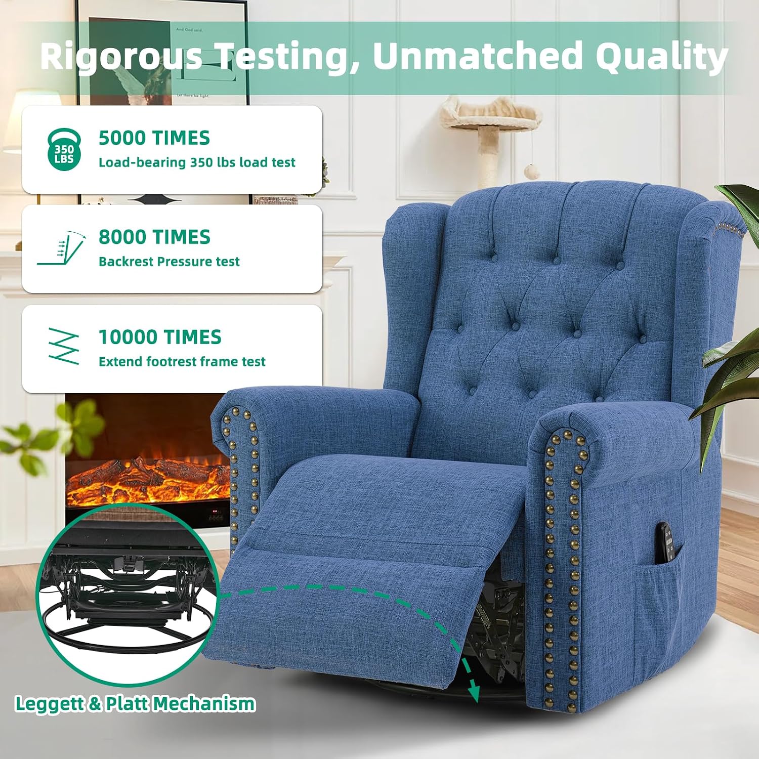 VIVIJASON Power Swivel Rocking Recliner Chair with Massage & Heat, Electric Rocker Glider Chair for Nursery, Wingback Tufted Upholstered Recliner W/Type-C & USB Ports for Living Room, Bedroom, Blue