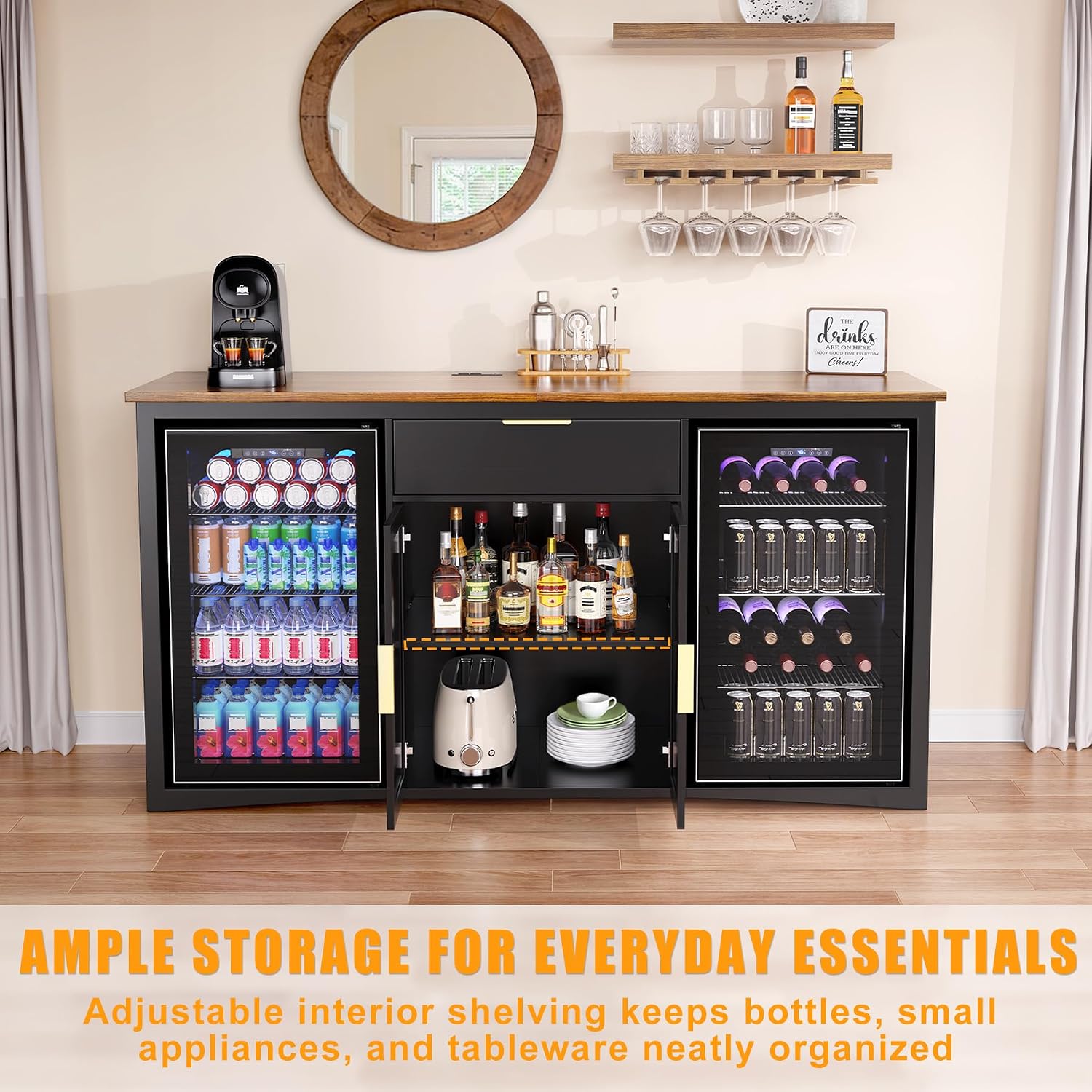 GDLF 70.1' Long Coffee Bar Cabinet with Fridge Space, Modern Wine Liquor Cabinet with Storage & Power Outlet, Buffet Sideboard with Fluted Doors for Home, Black