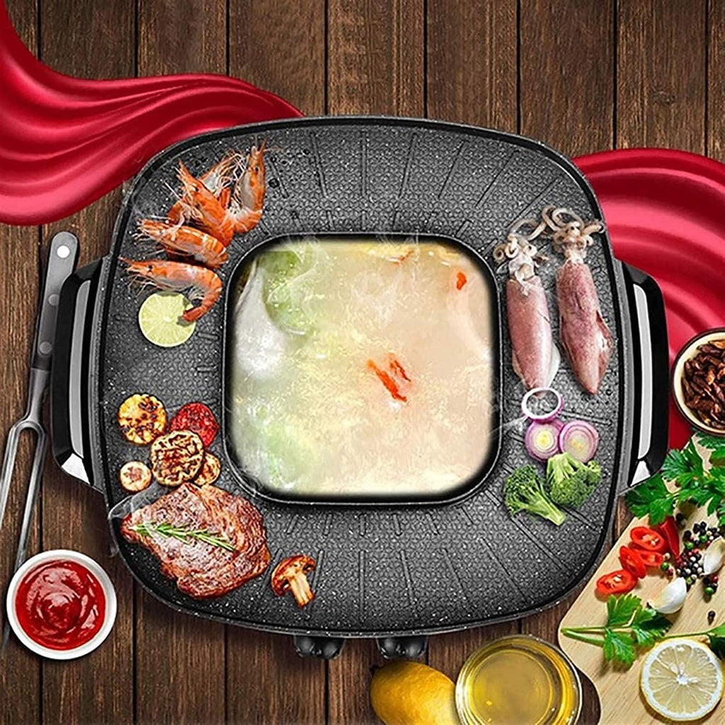 Portable Electric Grill, 2 in1 Electric Barbecue Hotpot Oven 1300/2100W Grill Smokeless Double Hotpot Machine BBQ Oven Multifunctional Cooker,Household Nonstick Electric Griddle