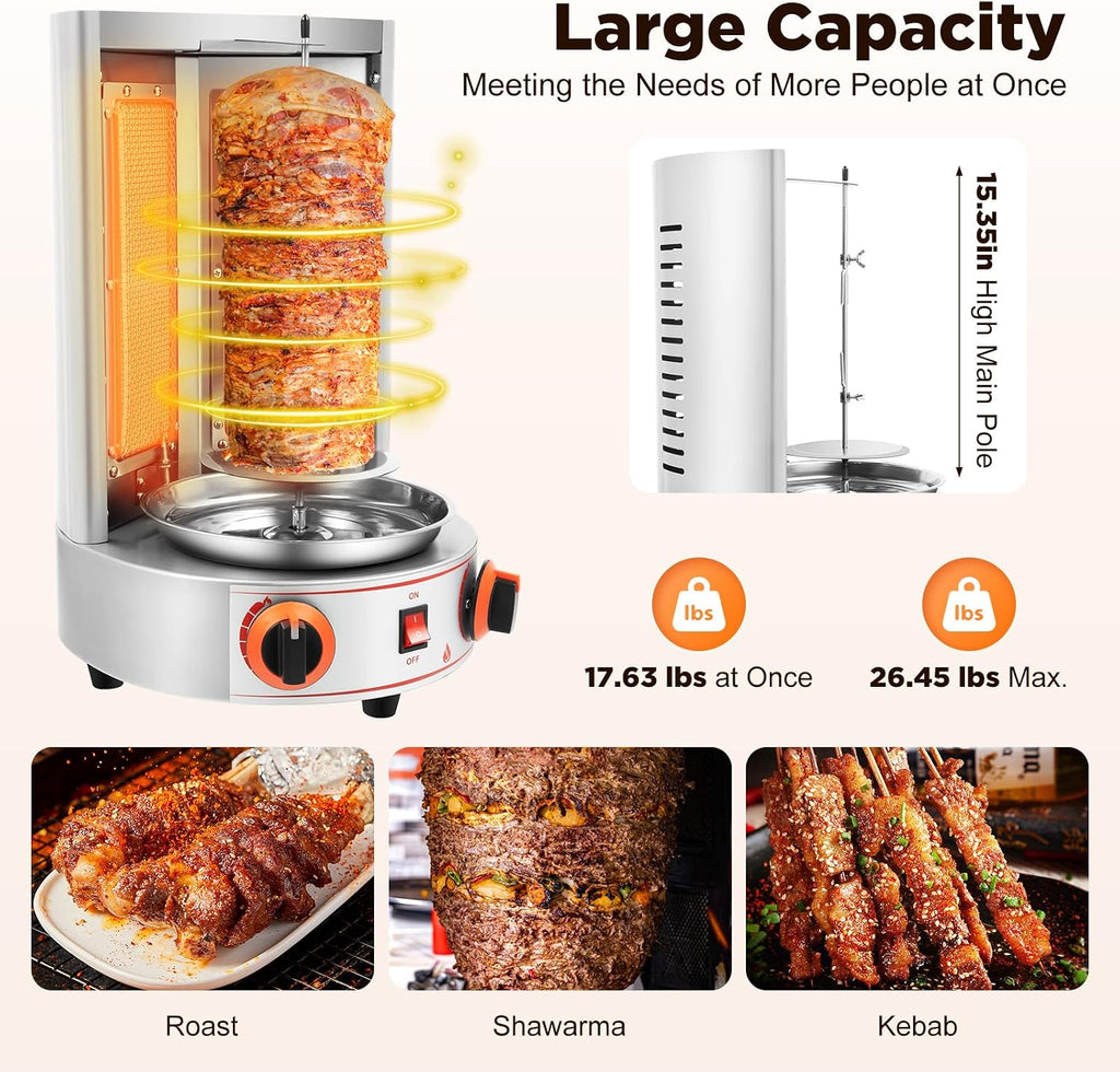 Gas Vertical Broiler BBQ Grill,Commercial Electric Grill Automatic Rotating Machine,Gyros Rotisserie Grill 3000W 110V w/2 Burners Doner Kebab Machine for party (2 Burners)