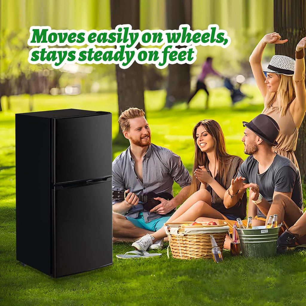 DEMULELR 3.9Cu.ft Refrigerator with Freezer Black Two Door Mini Fridge with Crisper Drawer & Extra Drink Space, LED Light, Full-Size Fridge for Dorm Office 17.5'D x 17'W x 40'H，Silver