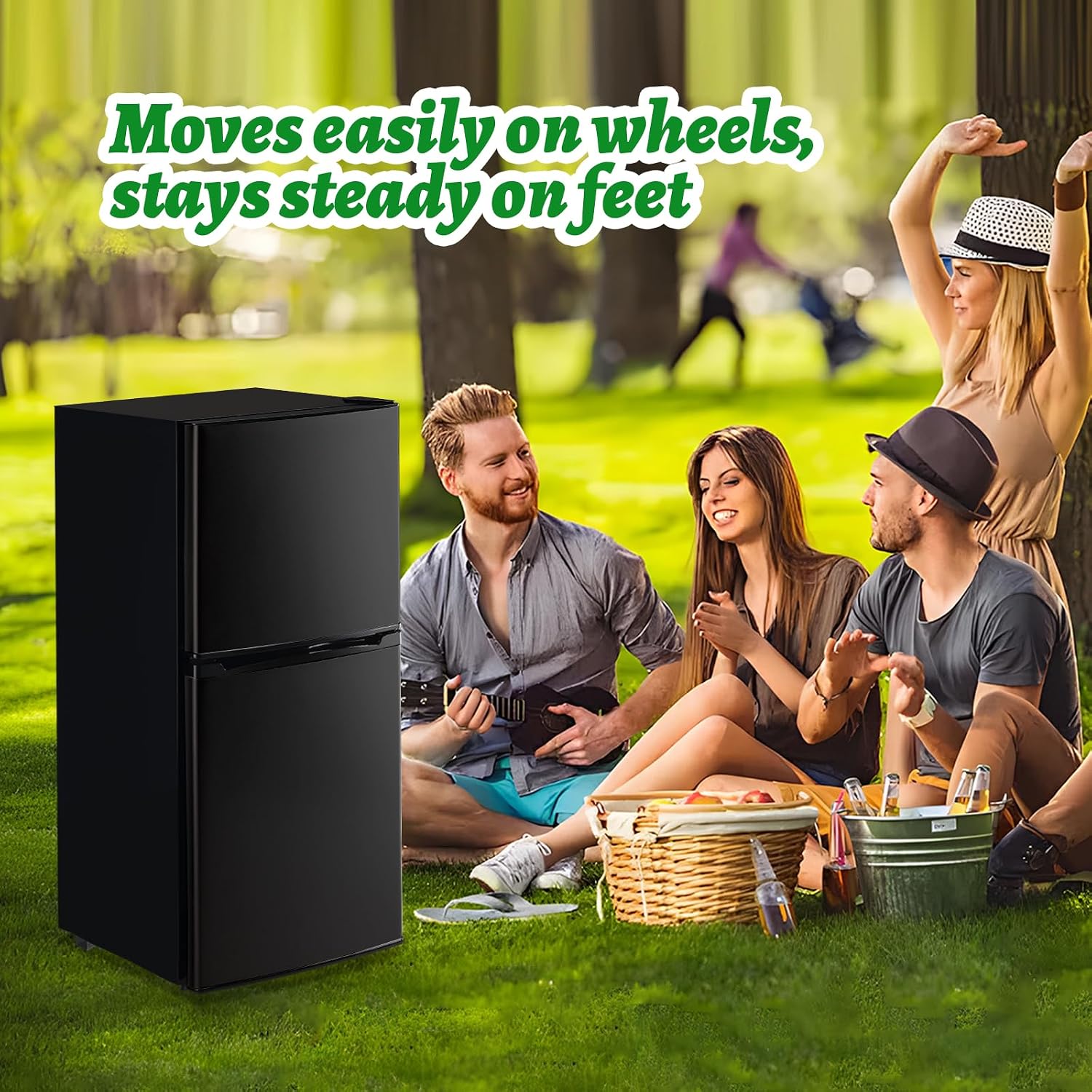 DEMULELR 3.9Cu.ft Refrigerator with Freezer Black Two Door Mini Fridge with Crisper Drawer & Extra Drink Space, LED Light, Full-Size Fridge for Dorm Office 17.5'D x 17'W x 40'H，Silver