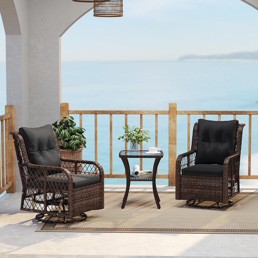 Tangkula 3 Pieces Outdoor Swivel Rocker Set, Rattan Wicker Patio Rocking Cushioned Chairs Set of 2 with Small Side Table, for Backyard, Poolside, Balcony, Lawn, Deck