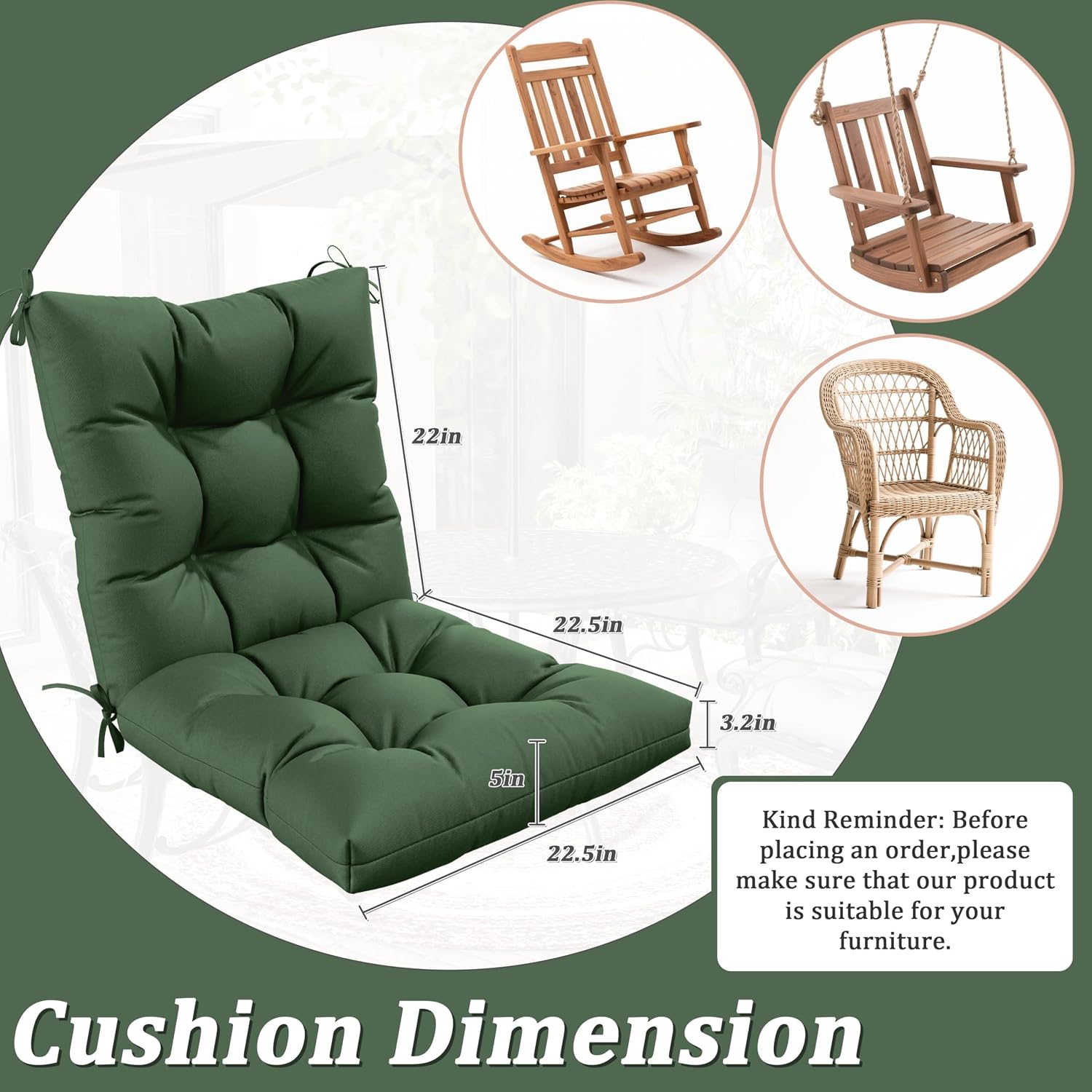 Patio Seat&Back Chair Cushions for Outdoor Furniture，Comfortable Cushions for Rocking/Dining/Lawn Chair-Set of 2