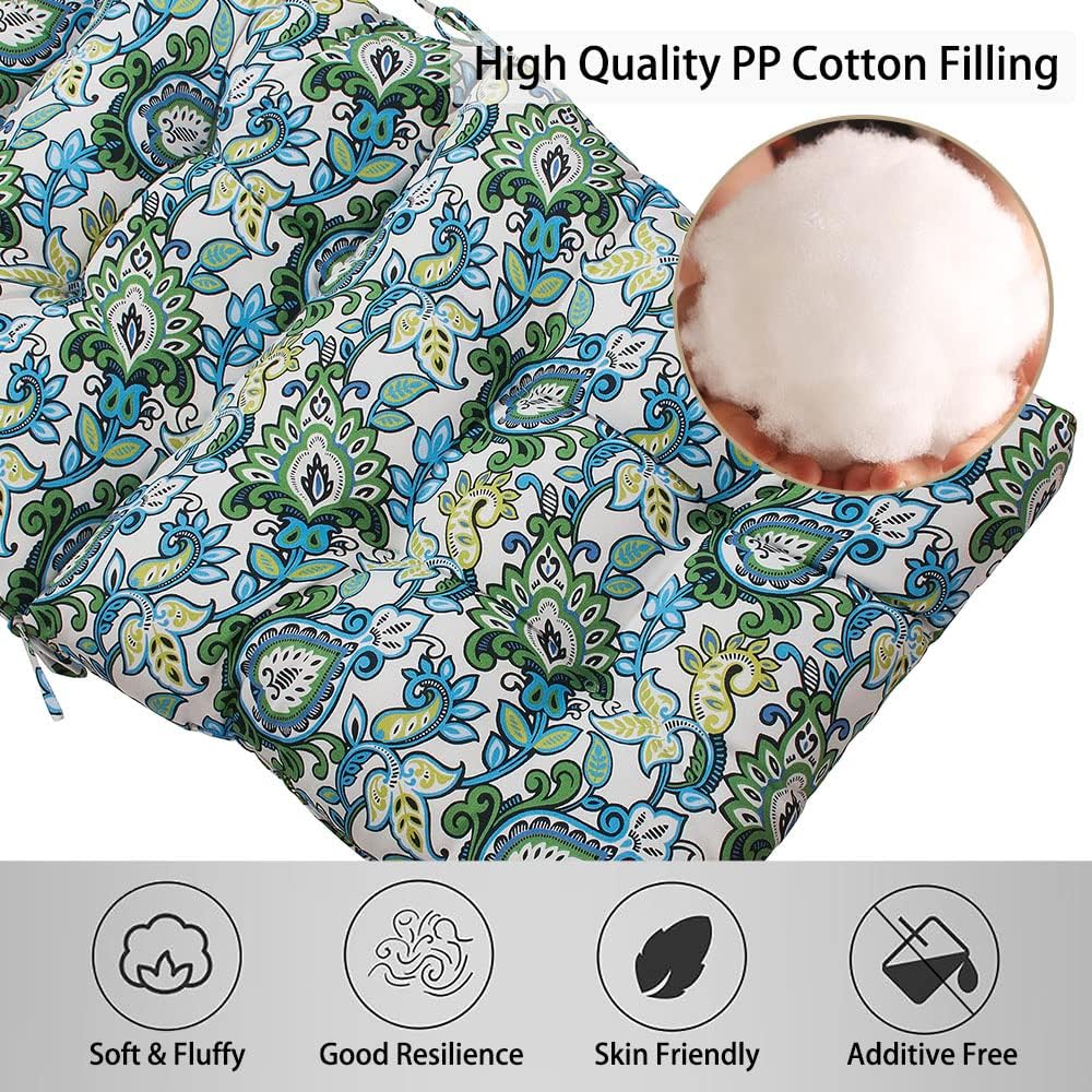 Magpie Fabrics Indoor Outdoor Tufted High Back Chair Cushion Set of 2, Waterproof All-Weather Deep Seating Rocking Chair Patio Garden Chaise Lounge Sun Lounger Chair Cushions(Botanical Blue Green)