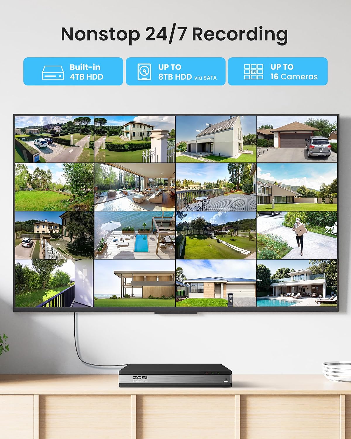 ZOSI 2MP 16 Channel Security Camera System, H.265+ DVR Recorder with AI Human Vehicle Detect, 8 x 1080p Weatherproof CCTV Bullet Camera Outdoor Indoor with 100ft Night Vision, Remote Access, 4TB HDD